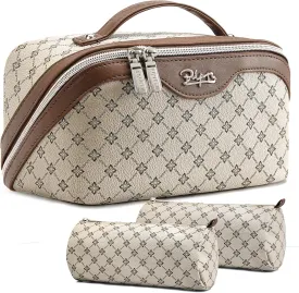 BOYATU Travel Makeup Bag Cosmetic Bags for Women: 3 Pcs Set Large Portable Make up Bag with Handle - Vegan Leather Toiletry Bags with Compartments - Makeup Organizer for Travel Essentials(01-Khaki)