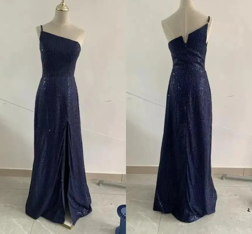 Elegant Navy Blue One-shoulder Sequin Evening Gown