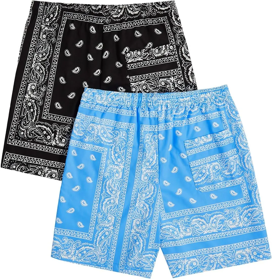 Floerns 2 Pack Men's Boho Drawstring Waist Paisley Print Summer Beach Shorts