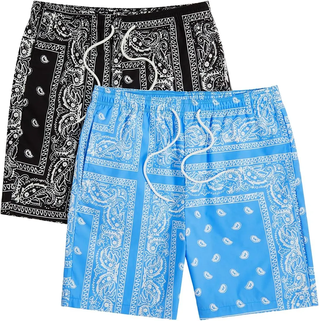 Floerns 2 Pack Men's Boho Drawstring Waist Paisley Print Summer Beach Shorts