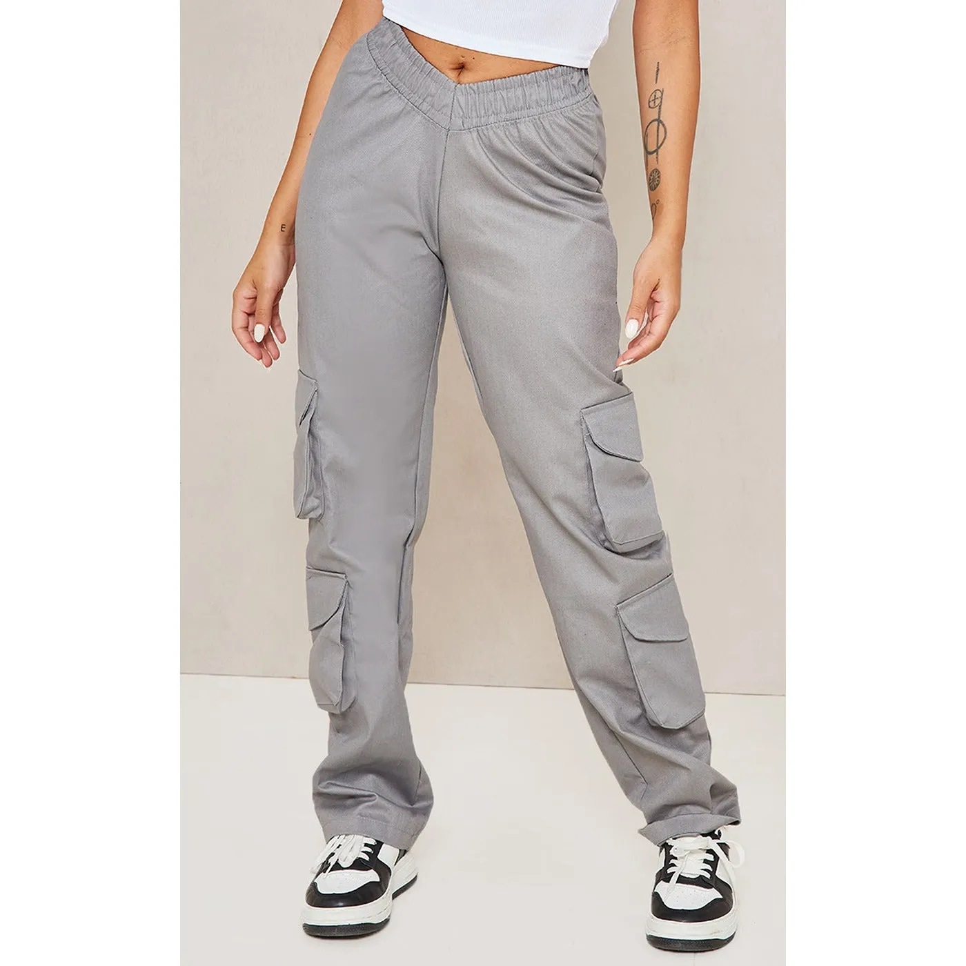 Grey V-Hem Cargo Trousers