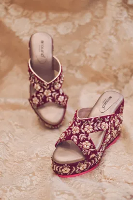 Hand Embroidered Maroon Wedges