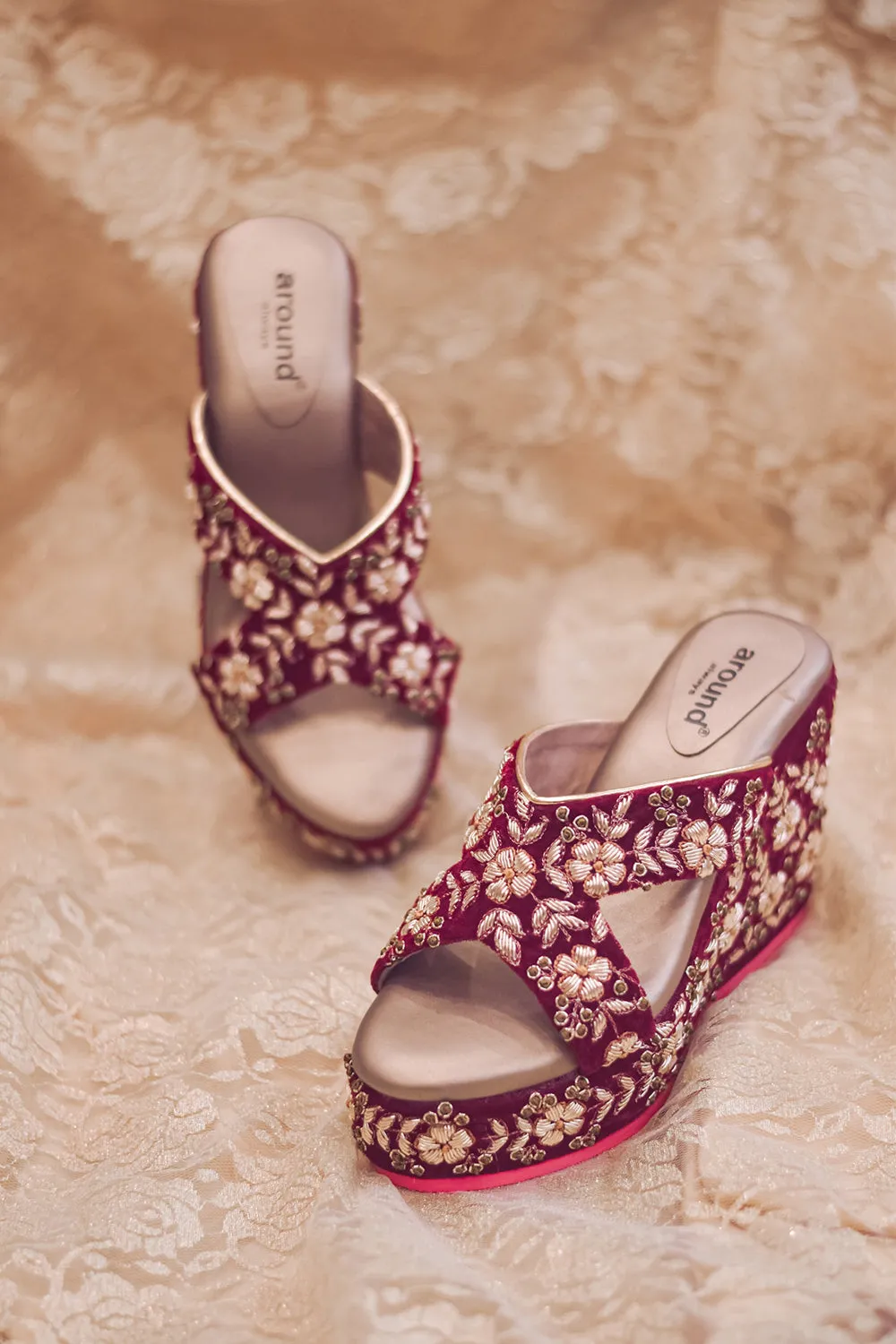 Hand Embroidered Maroon Wedges