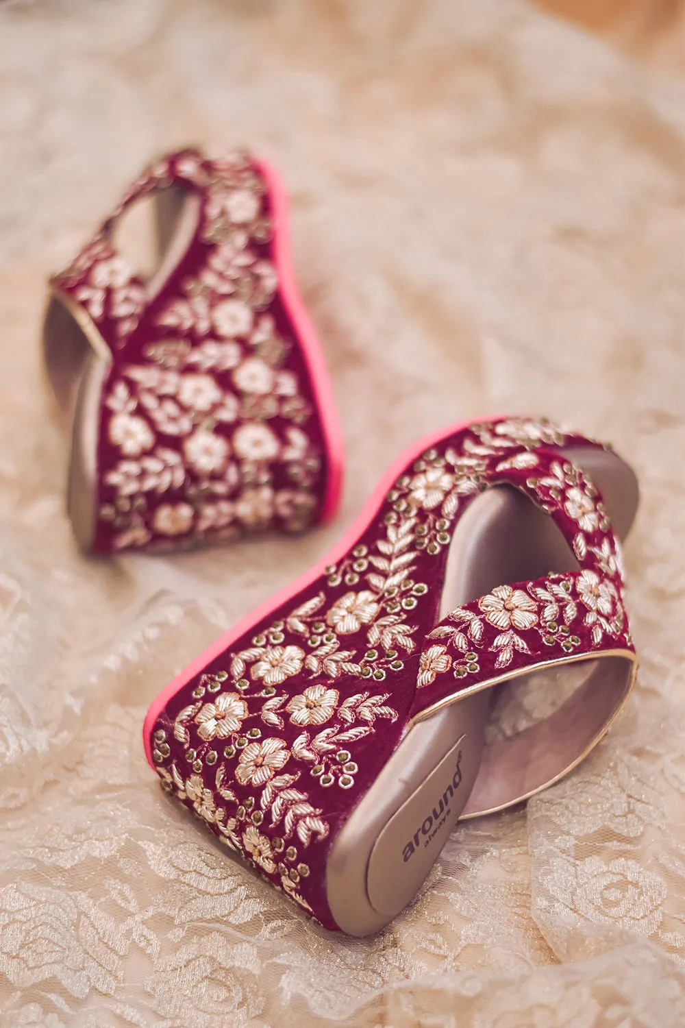 Hand Embroidered Maroon Wedges