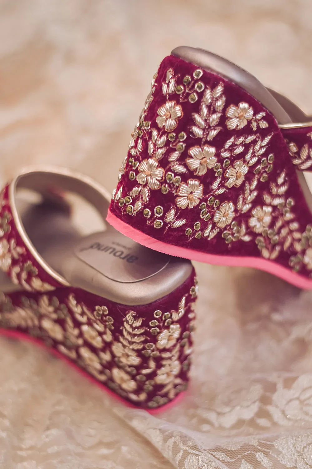 Hand Embroidered Maroon Wedges