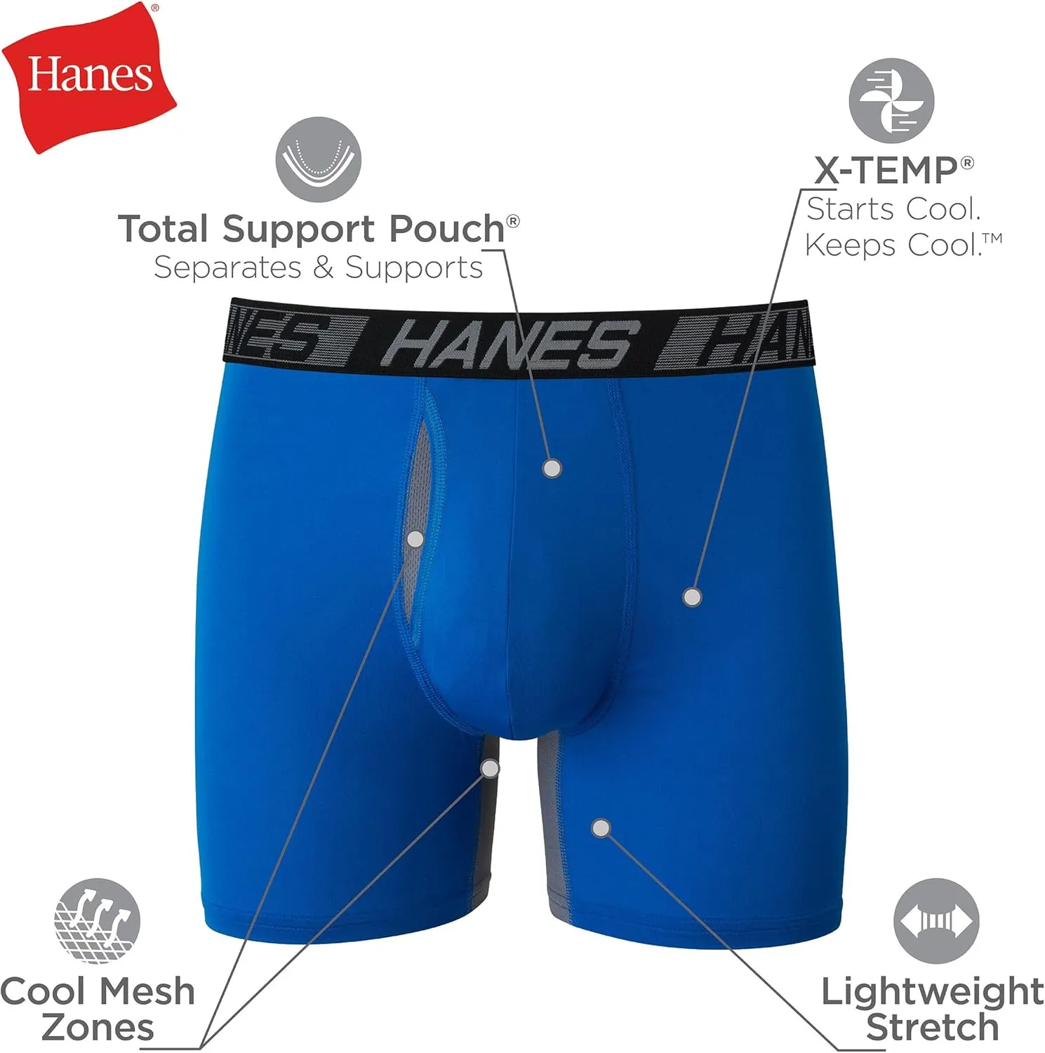 Hanes Mens Total Support Pouch Boxer Briefs, X-Temp Cooling, Moisture-Wicking Underwear, Regular, Long-leg and Trunk, 3-Pack