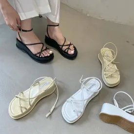 Hnzxzm 2024 New Summer Design Open Toe Women Sandals Narrow Band Dress Shoes Platform Wedges Heel Ladies Ankle Strap Gladiator Sandals