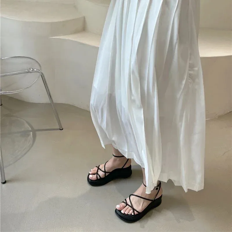 Hnzxzm 2024 New Summer Design Open Toe Women Sandals Narrow Band Dress Shoes Platform Wedges Heel Ladies Ankle Strap Gladiator Sandals