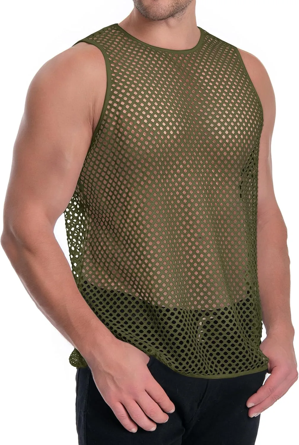 Men's Mesh Fishnet Muscle Top See Through Shirts Fitted Crew Neck Tee Clubwear