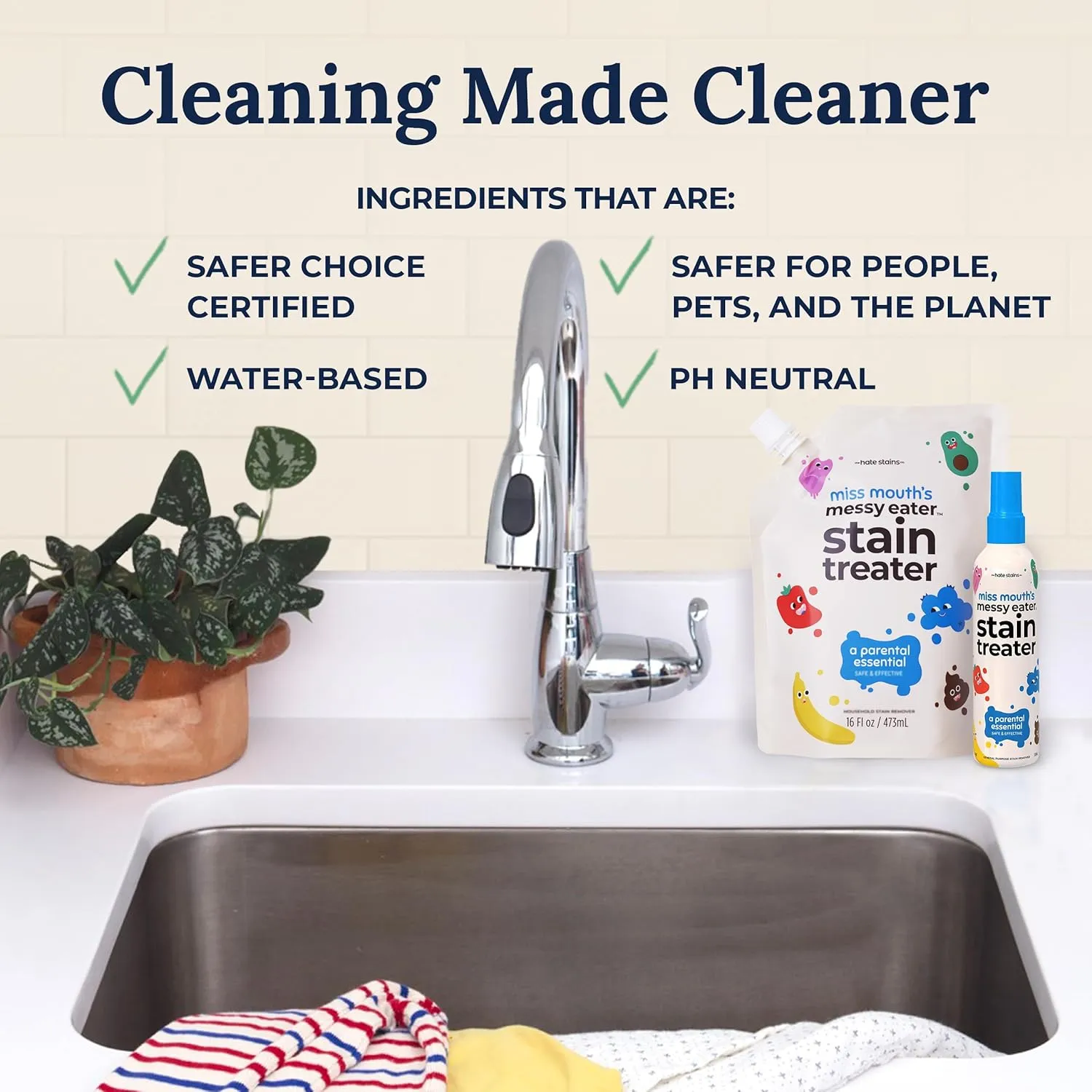 Miss Mouths Messy Eater Stain Treater Refill Ready Kit - 2 Pack Stain Remover Spray and 16oz Refill Pouch - Newborn & Baby Essentials - Food, Grease, Coffee Off Laundry, Underwear, Fabric