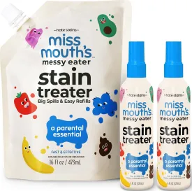 Miss Mouths Messy Eater Stain Treater Refill Ready Kit - 2 Pack Stain Remover Spray and 16oz Refill Pouch - Newborn & Baby Essentials - Food, Grease, Coffee Off Laundry, Underwear, Fabric